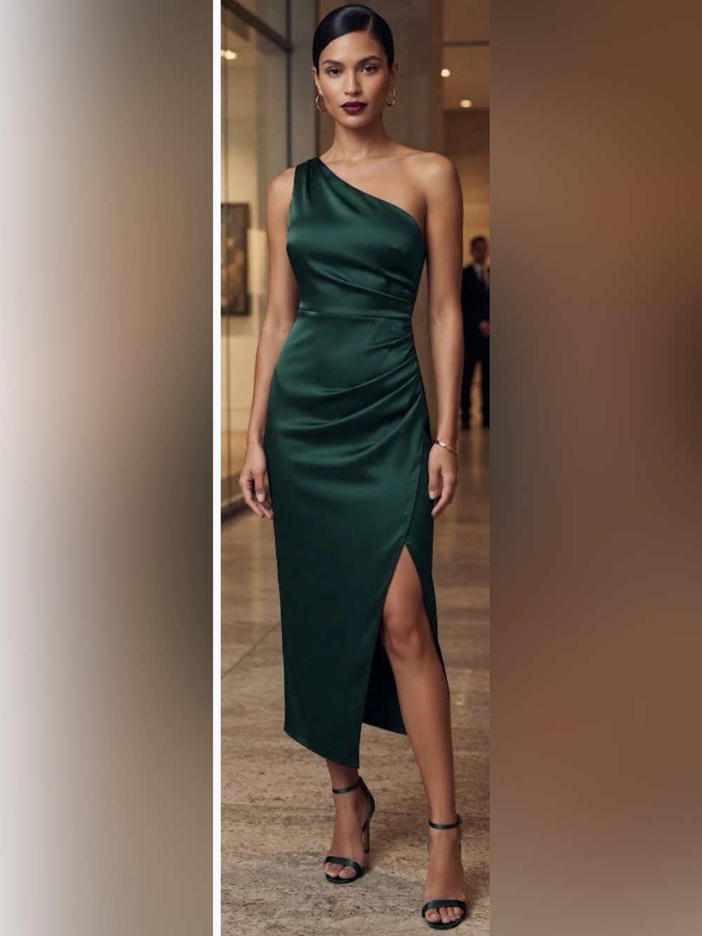 One-Shoulder Emerald Elastin/Poly Midi Dress with Side Slit